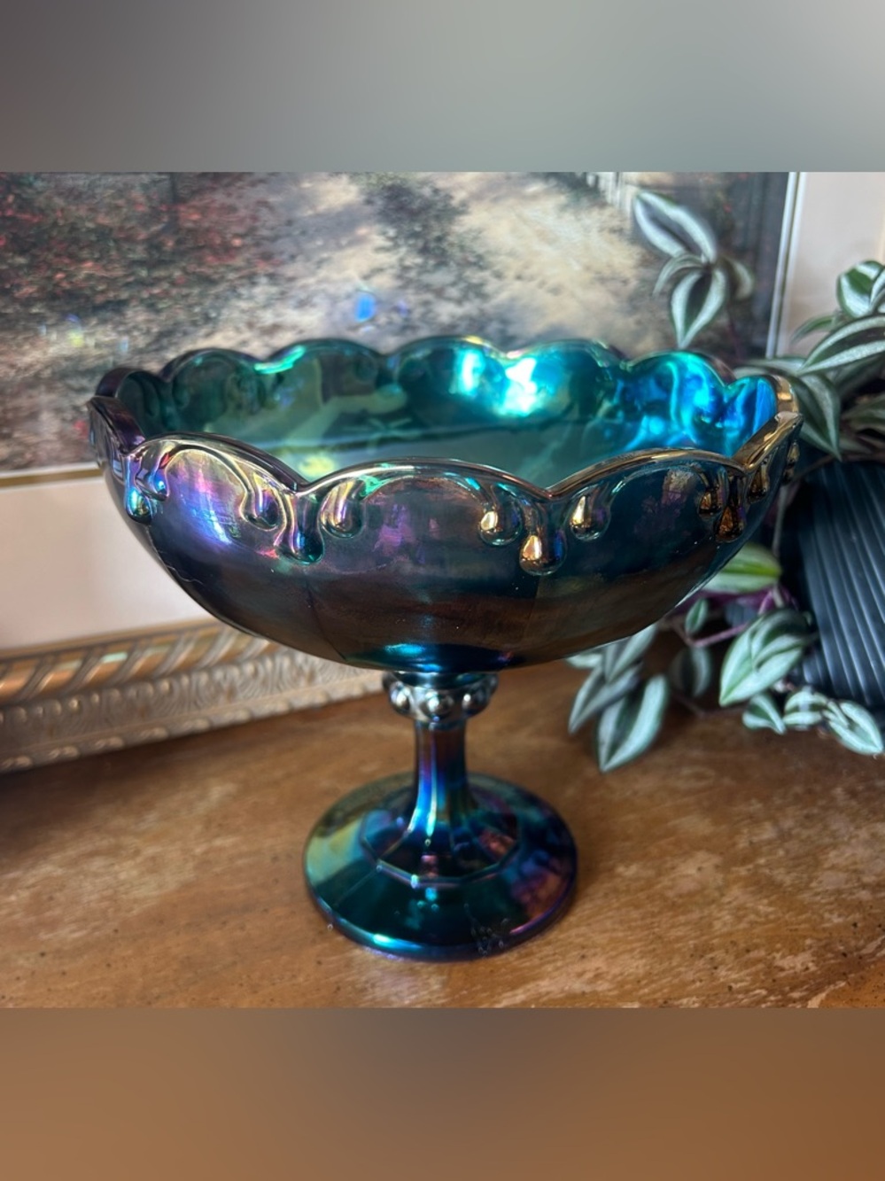 Vintage Indiana Glass Iridescent Blue Carnival Compote